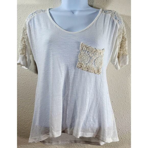 Monteau Beige Cream Slub Knit Crochet Lace Shoulders Top Small Lightweight Soft - Picture 1 of 5